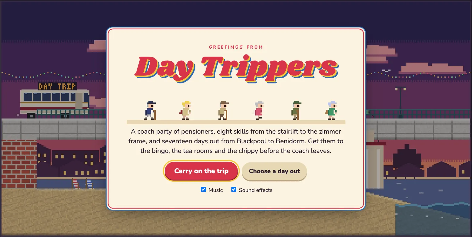 The title screen: a seaside postcard with a line of pensioners shuffling across it with walking sticks and handbags, over the Blackpool promenade at dusk