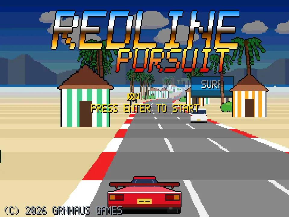 The title screen: the chrome Redline Pursuit logo over a coastal highway