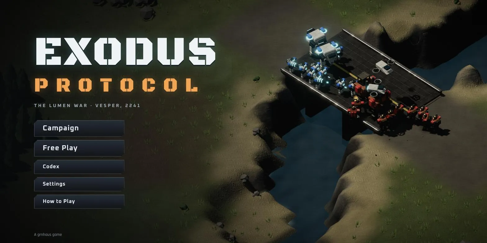 Title screen: Directorate and Union armies clash on a bridge over a river gorge