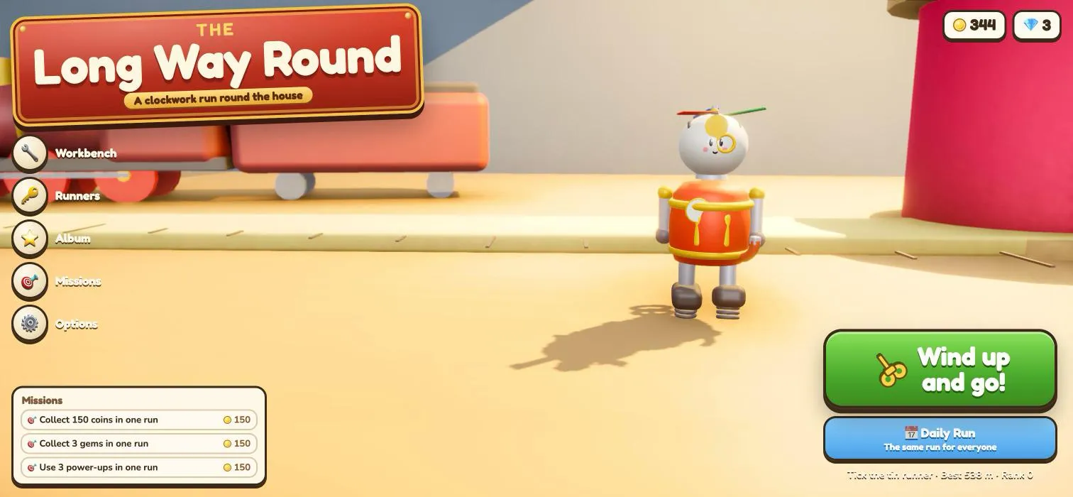 The title screen: Tick the clockwork toy on the toymaker’s workbench, fitted with a propeller cap, a monocle and spring heels, beside the tin badge logo