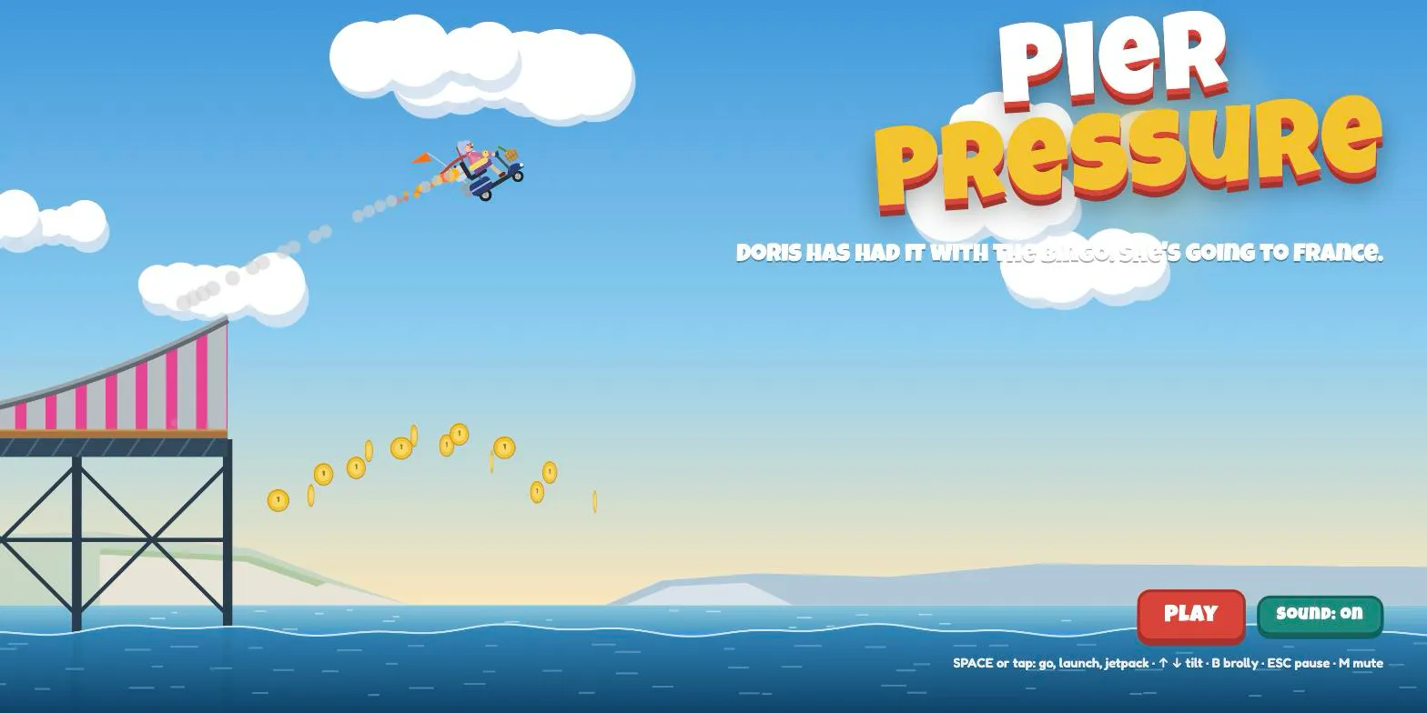The title screen: Doris flies off the end of the pier on her scooter, jetpack blazing, past a ramp of striped skate-park boards
