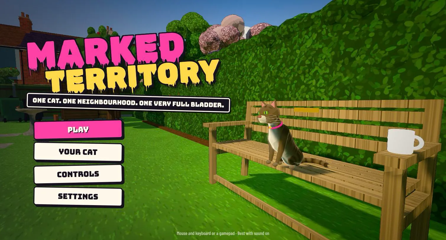 The title screen: the cat sits on a garden bench beside the Marked Territory logo