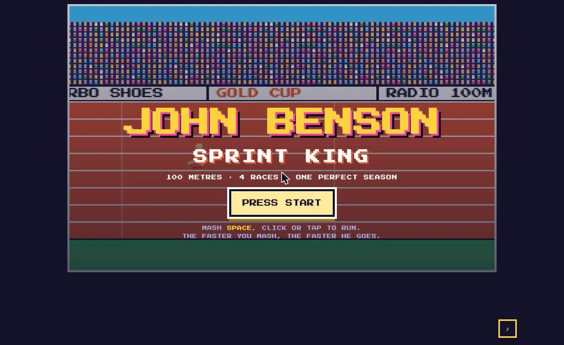 The title screen: JOHN BENSON, SPRINT KING, over the stadium, with PRESS START