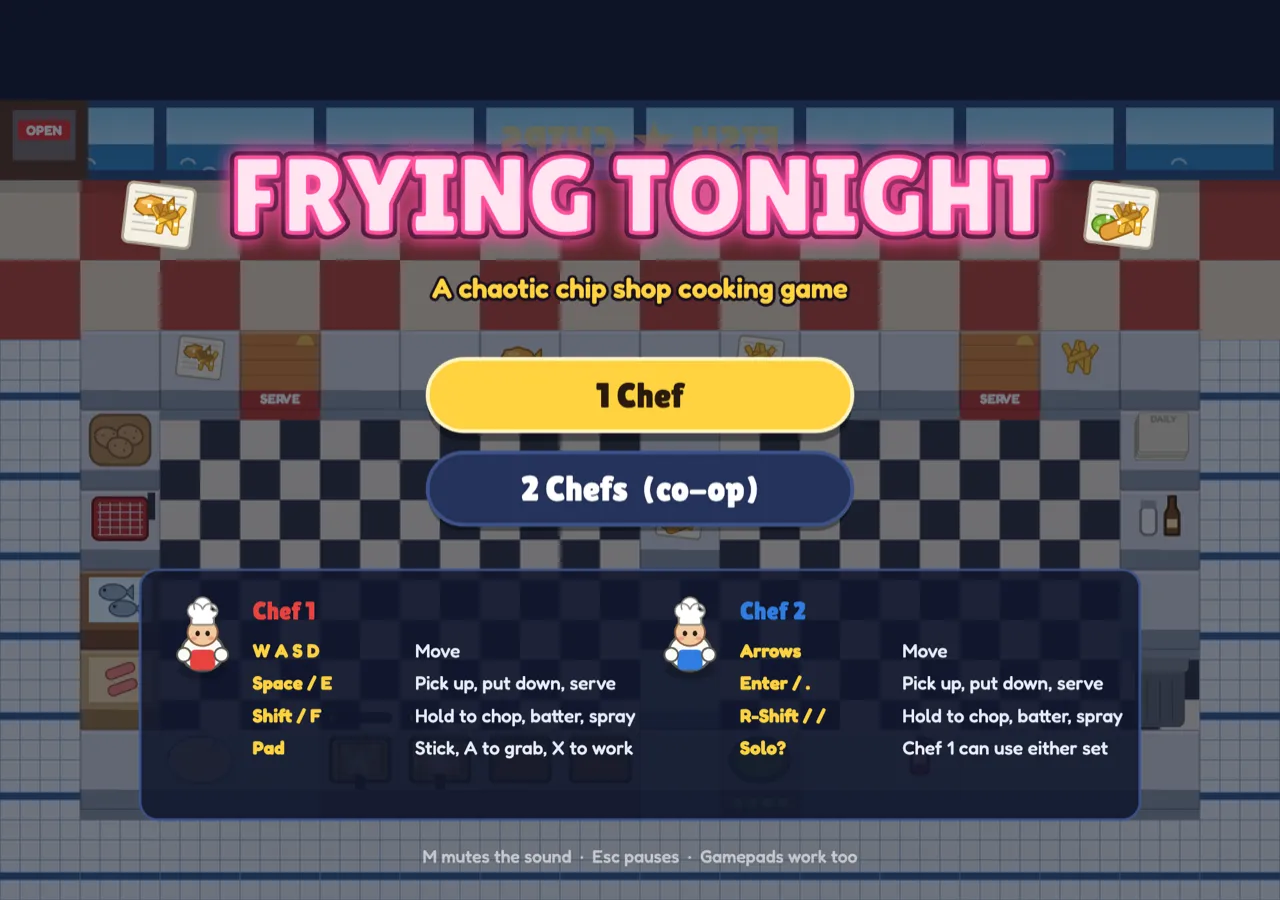 The title screen, with the neon Frying Tonight sign over an empty chip shop