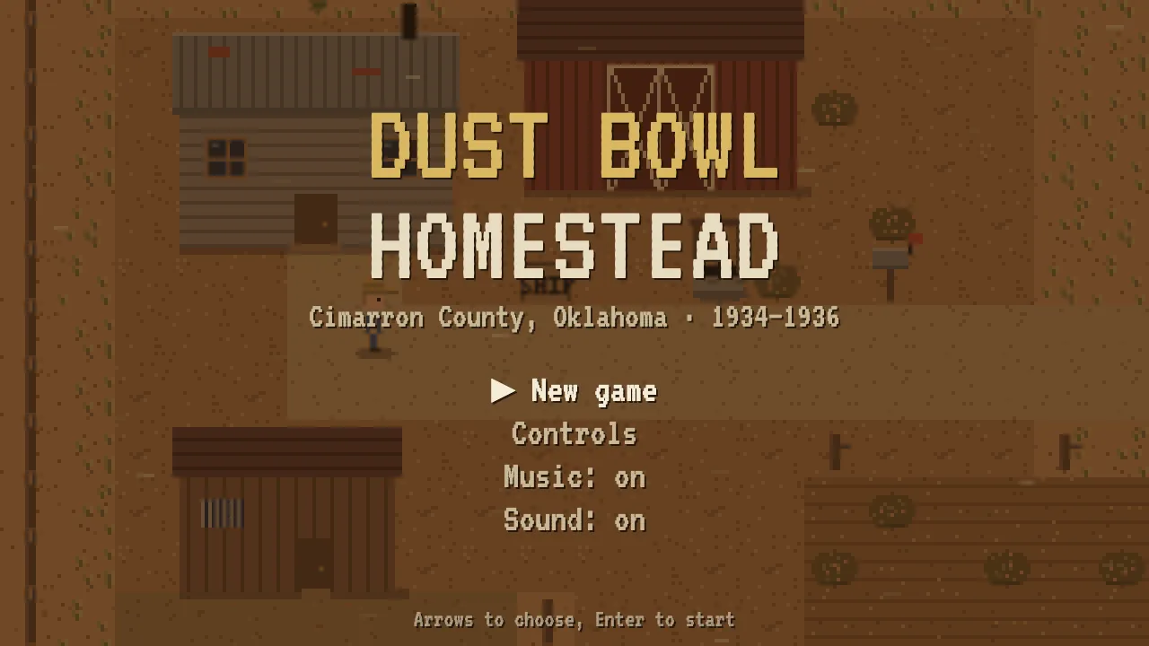 The title screen over the farm at dusk