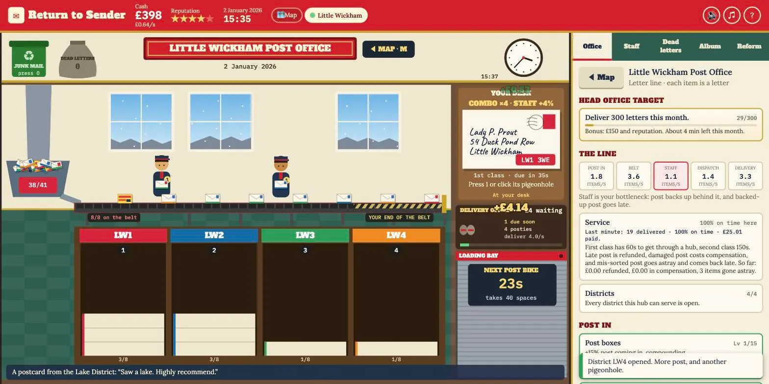 Little Wickham Post Office: two sorters at the belt, a first class letter at the desk due in 35 seconds, and post waiting at the delivery office