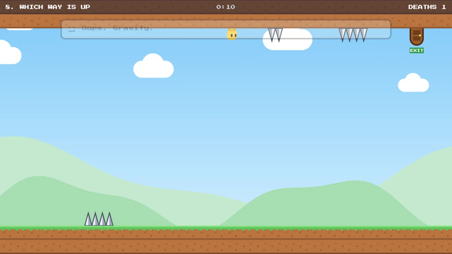 Which Way Is Up: gravity has flipped and the player walks on the ceiling towards hanging spikes and an upside-down exit